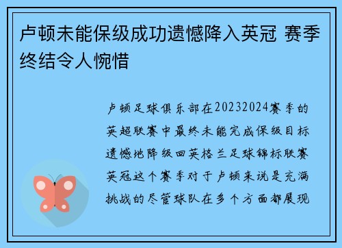 卢顿未能保级成功遗憾降入英冠 赛季终结令人惋惜 卢顿未能保级成功遗憾降入英冠 赛季终结令人惋惜